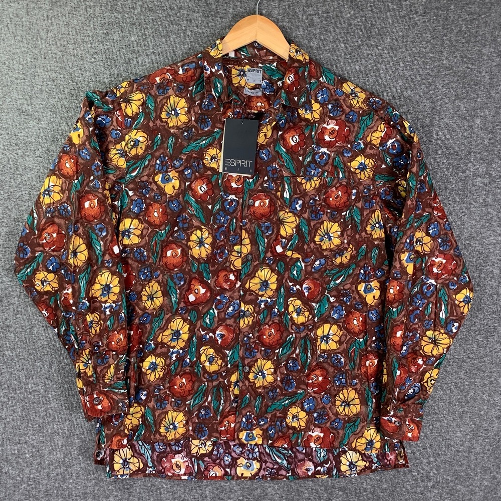 ESPRIT Shirt Men Large Flyn Brown Floral Button Up Long Sleeve Made In Italy NEW